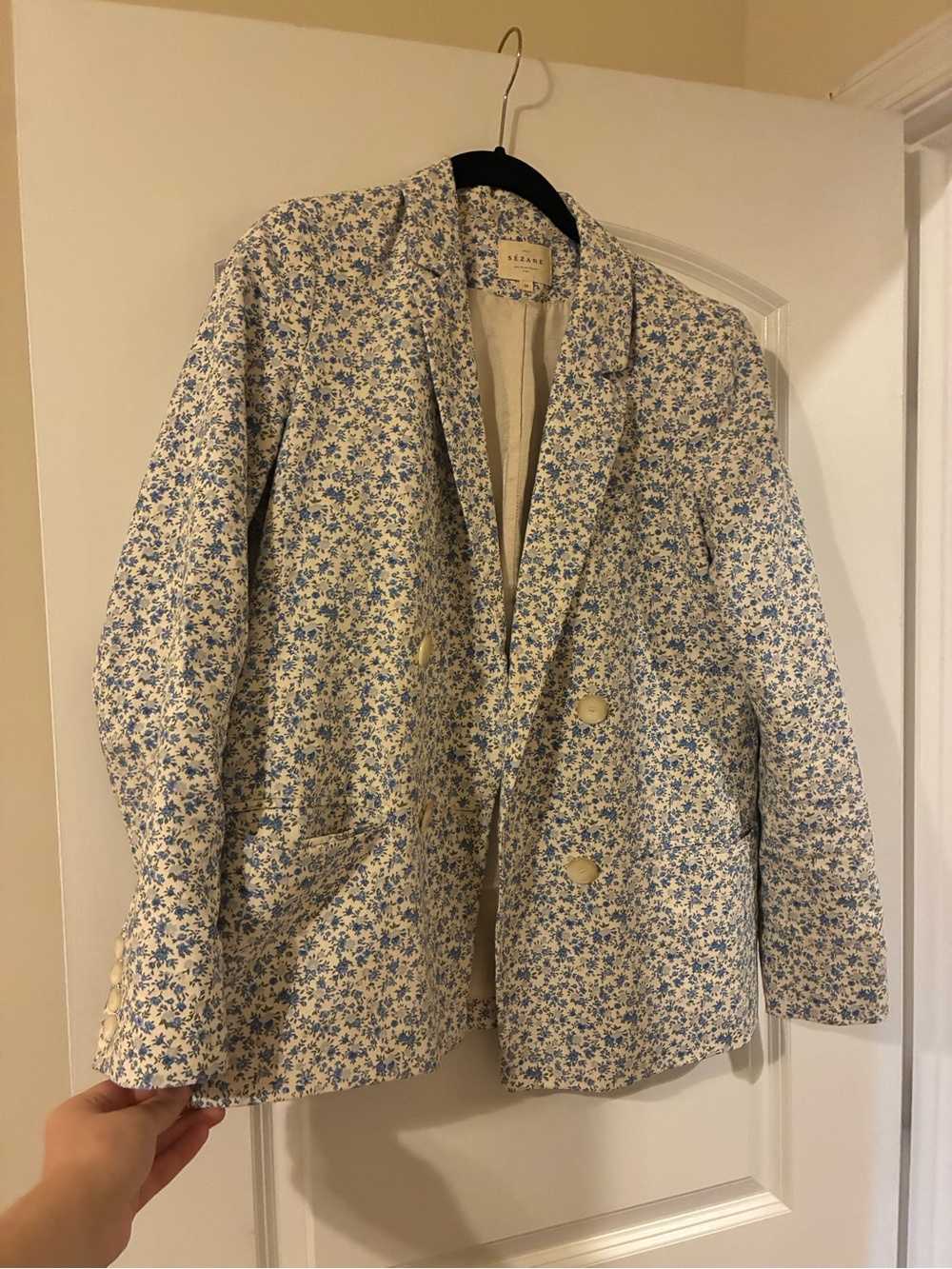 Sezane Blue Floral Double-Breasted Blazer Jacket